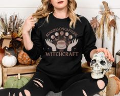 Running on Caffeine and Witchcraft Sweater | Witchy Sweatshirt | Coffee Lover Witch | Aesthetic Sweatshirt Witch Vibes, Witch Sweatshirt, Reading Shirts, Halloween Sweater, Cozy Gift, Cat Sweatshirt, Sweater Gift, Halloween Tees