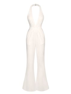 1930s Solid Deep V-Neck Halter Jumpsuit From The 90s Jumpsuits & Rompers, Fitted White V-neck Jumpsuits And Rompers, Stretch V-neck Jumpsuits And Rompers For Loungewear, Fitted V-neck Jumpsuits And Rompers For Date Night, White Stretch V-neck Jumpsuits And Rompers, Chic V-neck Stretch Jumpsuits And Rompers, Elegant Bodysuit For Spring Loungewear, Elegant Spring Bodysuit For Loungewear, Elegant Spring Loungewear Bodysuit