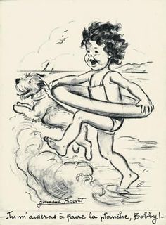 a drawing of a child playing with a dog