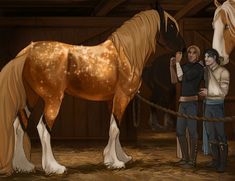 two people standing next to a horse in a barn with lights on it's head