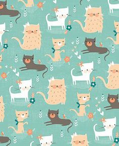 many cats are standing together on a blue background with flowers and leaves in the middle