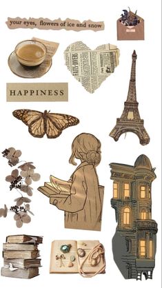 an assortment of paper cut outs with the words happiness written on them and various items