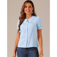 This plaid shirt is perfect for creating an ultra-feminine look with a statement peter pan collar. It's designed with a puff sleeve. Plaid and full placket highlight the perfectly short sleeve with button down of this soft and straight shirt. This cute peter pan collar with lace contrast collar will make you love this shirt top. Summer Gingham, Peter Pan Collar Shirt, Peter Pan Collars, Sequin Shorts, Contrast Collar, Plaid Shorts, Polka Dot Blouse, Collar Shirt, Pan Collar