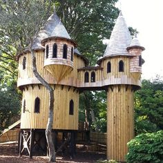 a wooden structure in the middle of a forest with two towers on each side and one at the top