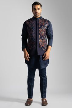 Festive Indigo Sets With Dabka Details, Indigo Festive Sets For Eid, Festive Fitted Indigo Kurta, Designer Indigo Sets For Eid, Indigo Embroidered Sets For Diwali, Fitted Indigo Traditional Wear For Festive Season, Formal Chanderi Bandhgala For Transitional Seasons, Festive Indigo Embroidered Kurta, Festive Embroidered Indigo Kurta