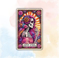 a card with a skeleton and flowers on it