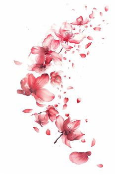 pink flowers are flying in the air on a white background