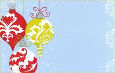 three christmas ornaments hanging from a string on a blue and white background with snowflakes