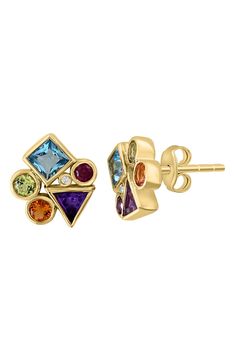 Easy-to-wear stud earrings will add significant polish to even your most casual ensembles. 0.42"W x 0.48"L Total stone weight: 1.65ct. Total diamond weight: 0.01ct. Color: H–I Clarity: I2 14k gold/amethyst/blue topaz/citrine/rhodolite/peridot/diamond Made in the USA Diamond Guide Gem Stud Earrings, Gem Earrings Studs, Fine Jewelry Multi-stone Diamond Earrings For Gift, Modern Multi-stone Yellow Gold Earrings, Modern Yellow Gold Multi-stone Earrings, Formal 14k Gold Multi-stone Earrings, Formal Multi-stone 14k Gold Earrings, 14k Gold Multi-stone Earrings Gift, Yellow Gold Multi-stone Earrings For Anniversary