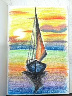 a drawing of a sailboat in the ocean at sunset with colored pencils on paper