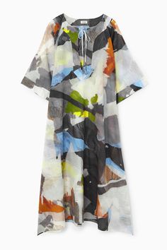 This semi-sheer kaftan is an effortless option for holiday packing. Crafted from naturally airy cotton, it has an open V-neck and short sleeves which are detailed with slender ties that can be fastened into a bow. It's decorated with an abstract watercolour pattern in a vibrant colour palette. Shell: 100% Cotton. Excluding trims / Machine wash Back length of size XS/S is 121cm / Model wears a size XS/S Short Sleeve Beachwear Cover-up For Daywear, Short Sleeve Summer Kaftan For Daywear, Summer Beachwear Kaftan For Daywear, Short Sleeve Relaxed Fit Beach Cover-up, Beachwear Cover-up With Short Sleeves For Daywear, Spring Short Sleeve Kaftan For Daywear, Beachwear Kaftan With Short Sleeve And Relaxed Fit, Short Sleeve Relaxed Fit Kaftan For Beachwear, Beachwear Style Kaftan With Short Sleeves