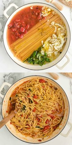 before and after photos of pasta in a pan