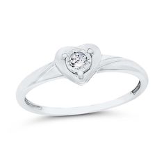 Enhance your everyday looks with the romantic details of this diamond solitaire heart ring in white gold. Fashioned in cool 10K white gold This design showcases a polished heart shape, centered with a 1/15 ct. diamond solitaire that is artfully set to enhance size and sparkle. The curved ribbons of the shank add elegant detail to the look. White Gold Heart Cut Ring With Single Diamond, Classic Heart Ring With Single Diamond, Heart Ring With Single Diamond For Promise, White Heart-shaped Diamond Ring For Formal Events, Elegant White Gold Heart Ring With Single Diamond, Valentine's Day Single Diamond Promise Ring, Classic Solitaire Diamond Ring For Valentine's Day, White Gold Heart Ring With Single Diamond For Promise, Classic White Heart Ring With Brilliant Cut