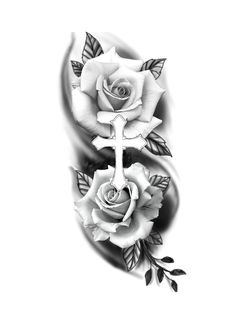 a cross and two roses tattoo design