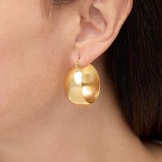 Bellezza Bronze Stardust Bombe Hoop Earrings Bold, bronze and Art deco-inspired, this bombe-design hoop features the style's hallmark domed silhouette. Definitely one for your signature-style stash.        Approx. 1-1/8"L x 1/2"W x 1" diameter      Stamped .925 sterling silver (posts only), bronze; goldtone; hammered, textured, stardust finish      Pierced with joint-and-catch closures with sterling silver posts Bronze Metal Hoop Earrings, Semi-circle Metal Hoop Earrings, Earrings Bold, Jewelry Techniques, Art Deco Inspired, Stardust, Signature Style, Are You The One, Hallmark