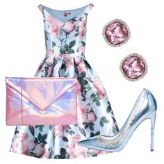 Outfit adatto ad una cerimonia o ad una serata elegante composto da abito con gonna a ruota che esalta il punto vita. La scelta degli accessori in colori metallici e che richiamano i toni dell'abito conferiscono luce e preziosità all'outfit. Blossom Outfit, Church Outfits, Stylish Clothes For Women, Spring Blossom, Fashion Fits, Outfit Donna, Teen Fashion Outfits, Fancy Dresses, Edgy Fashion