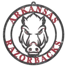 the arkansas razorbacks logo is shown in black, red and gray on a white background