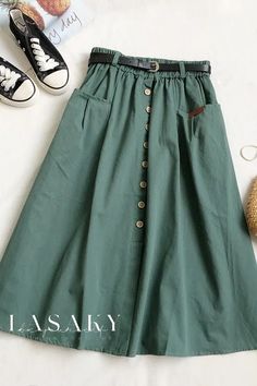 Lasaky - Casual Half-Length A-Line Skirt in Cotton with Pocket and Single-Breasted Closure Women Skirt, Long Skirts For Women, Half Skirt, Korean Casual, Mid Length Skirts, Skirt Women, Pocket Belt, Green And Khaki, Dresses For Teens