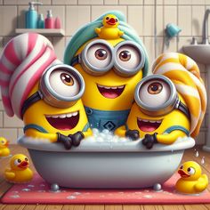 two minions in a bathtub with rubber ducks