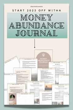 the money abundance journal with text overlaying it and an image of several pages