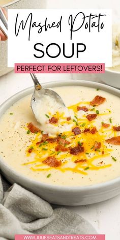 a white bowl filled with soup and topped with bacon