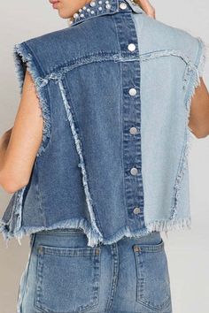 Pearl Raw Hem Sleeveless Denim Jacket – BELLATRENDZ Sleeveless Denim Jacket, Metallic Leggings, Patchwork Top, Trendy Jackets, Classic Denim Jacket, Solid Leggings, Denim Patterns, Short Denim, Jeans Diy