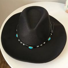 Black Western Cowboy, Cowgirl Hat, Turquoise Strap, Men Women Retro Wide Brim Casual Adjustable Turquoise Hats, Casual Turquoise Brimmed Hat, Turquoise Casual Adjustable Hat, Casual Blue Hat Bands For Festivals, Blue Western Style Winter Hat, Patagonia Trucker Hat, Mens Cowboy Hats, Black Cowboy Hat, New Era Hat