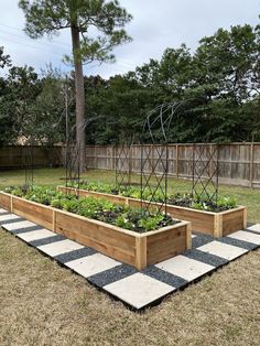 an outdoor vegetable garden with wooden planters and black and white checkerboard flooring