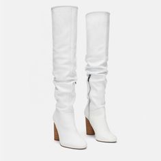 New With Tags // Sold Out Style White Heeled Boots With Sculpted Heel For Spring, Elegant White Faux Leather Heeled Boots, Chic White Heeled Boots With Wide Calf, Chic White Wide Calf Heeled Boots, Elegant White Faux Leather Boots, White Leather Heeled Boots With Wide Calf, White Leather Heeled Boots For Wide Calf, White Leather Wide Calf Heeled Boots, Zara Faux Leather Spring Boots