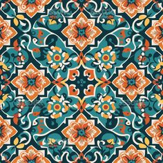 an orange, blue and green floral pattern