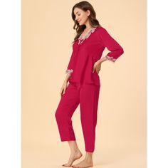 This style of sleeping set is convenient to take on/off, giving you a light and simple dressing experience, and keeping you nice and comfortable all day. Top: long sleeve sleepwear features lace insert with classic v-neck and little bow front chest—bottom: pants featured elastic waist. The soft pajama set for women is classy, comfortable, and durable. This pajama set is casual and elegant, even if guests visit suddenly, you won't feel embarrassed, making your home life more convenient. The pajam Pink Relaxation Set With Long Pants, Pink Long Sleeve Sleepwear For Night, Red Long Sleeve Sleepwear For Pajama Party, Red Long Sleeve Bedtime Sets, Simple Dressing, Soft Pajamas, Night Suit, Sleep Set, Lace Insert