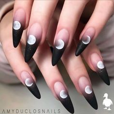 Chic & Trendy acrylic nail set Wiccan Nails Designs, Hand Painted Halloween Nails, Hand Painted Nail Art Design, Full Moon Nails, Witchy Nails Coffin, Witchy Nails Acrylic, Inuyasha Nails, Eclipse Nails, Occult Nails