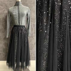 Nwt Tulle Skirt, With Sequin Layer Below For A Flirty Fun Look! Great To Wear With Tees And Basic Pieces, And Sneakers! Fall Party Tulle Skirt Bottoms, Black Tulle Skirt For Winter, Long Black Sequined Skirt, Black Long Sequin Skirt, Silk Slip Skirt, Casual Maxi Skirt, White Plaid Skirt, Satin Set, Lace Midi Skirt