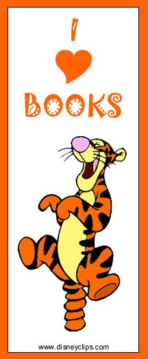 an orange and white poster with the words i love books written on it, in front of a cartoon tigger