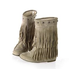 Tassel Studded Mid Calf Boots Wedge Heel 4881 – meetfun Boots With Fringe, Moccasin Ankle Boots, Beige Boots, Flat Heel Boots, Elegant Heels, Aqua Shoes, Fringe Boots, Low Heel Shoes, Slip On Boots