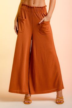 -High Waisted Rib Wide Leg Pants with Pockets-Frilled Elastic Waistband-Wide Leg Palazzo Cut-Front Pockets-Capri-Length-High-Waist95% Polyester 5% Spandex(Model height: 5'9", wearing a Small) Pants With Pockets, Model Height, No Frills, Leg Pants, Wide Leg Pants, Capri, Wide Leg, High Waisted, Spandex