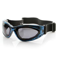 a pair of swimming goggles with blue and black trimmings on the side