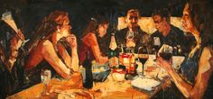 a painting of people sitting at a table with wine glasses and bottles on the table