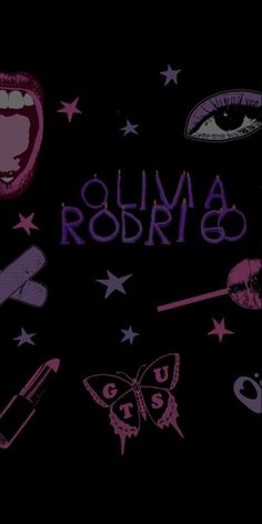 the words roma rodri on a black background with pink and purple images around it