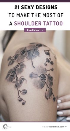 Cascading Shoulder Tattoo, Woman Shoulder Tattoo Ideas Unique, Orchid Tattoo Shoulder For Women, Shoulder Tattoos Women Unique, Orchid Shoulder Tattoos For Women, Realistic Orchid Tattoo, Bird Shoulder Tattoos For Women, Women Shoulder Tattoo Ideas Unique, Shoulder Cap Tattoos For Women Unique