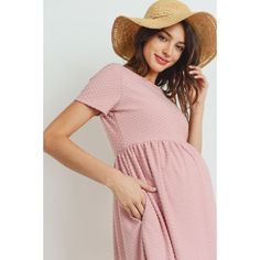 Hello Miz This short sleeve dot figure dress with side pockets is the perfect maternity dress for mama! It is 100% polyester, lightweight and perfect for Spring/Summer. Figure Dress, Maternity Dress, Maternity Dresses, One Shoulder Dress, Blush, Spring Summer