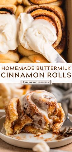 homemade buttermilk cinnamon rolls with icing on top