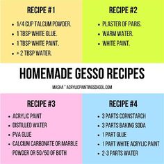 the recipe for homemade gesso recipes is shown in four different colors, including blue, yellow and pink