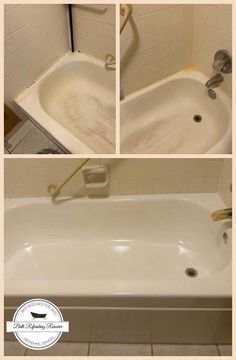 three pictures of a bathtub with no shower curtain, and the same tub in different stages of being cleaned