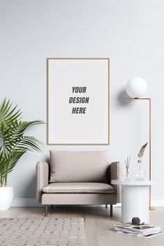 a living room with a couch, chair and potted plant on the floor in front of a white wall