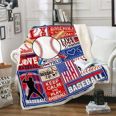 a baseball themed blanket is sitting on a couch