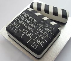 a black and white cake with some writing on it