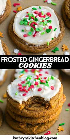 frosted gingerbread cookies with white icing and sprinkles on top