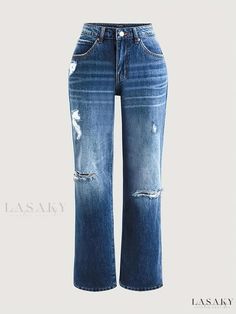 Lasaky - Womens Casual Denim Jeans: Blue Straight Jeans with Distressed Ripped Holes, Loose Fit and Slash Pockets Non-stretch Distressed Washed Blue Jeans, Blue Denim Jeans With Holes, Ripped Blue Flare Jeans For Fall, Blue Ripped Flare Jeans For Fall, Casual Blue Jeans With Holes, Summer Ripped Washed Blue Flare Jeans, Blue Ripped Flare Jeans For Summer, Summer Ripped Blue Flare Jeans, Summer Denim Jeans With Holes