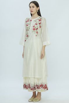 Buy White Silk Chanderi Kurta Embroidered For Women by Prama by Pratima Pandey Online at Aza Fashions.